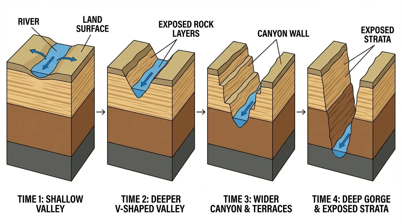 Sequence of a river cutting through land over time, forming a deeper valley with exposed rock layers on the sides