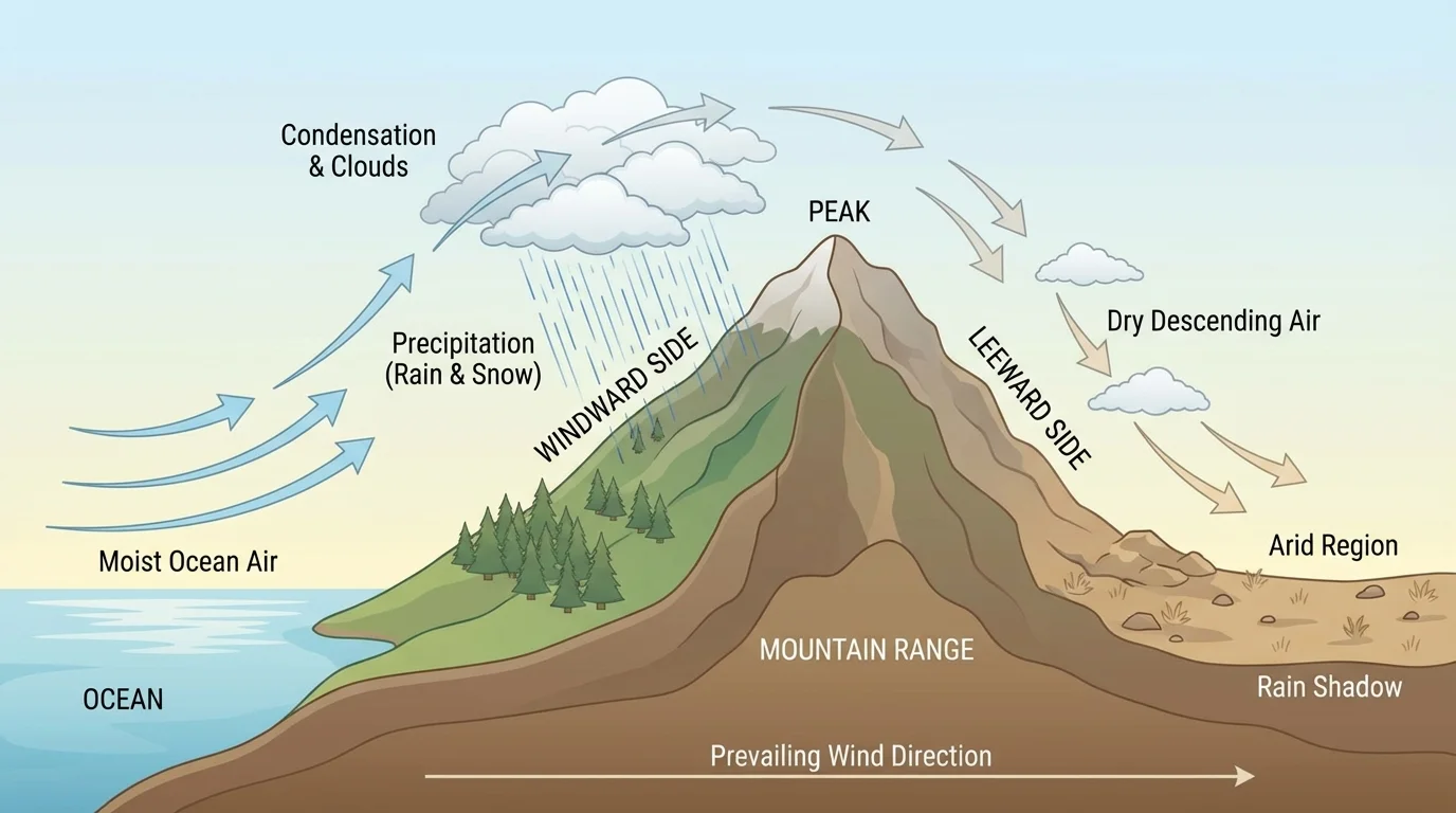 moist ocean air rising over a mountain, clouds and rain on the windward side, dry air descending on the leeward side