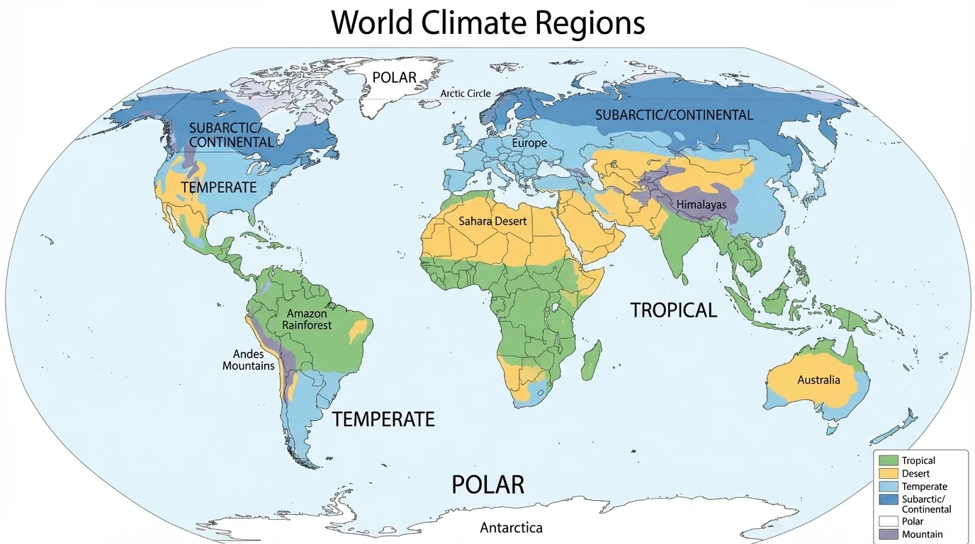world map shaded to show tropical, desert, temperate, polar, and mountain climate regions with simple labels such as Amazon, Sahara, Europe, Arctic, Himalayas