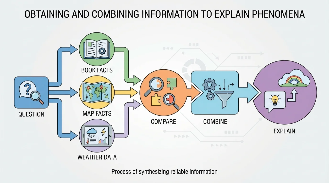 steps labeled question, book facts, map facts, weather data, compare, combine, explain