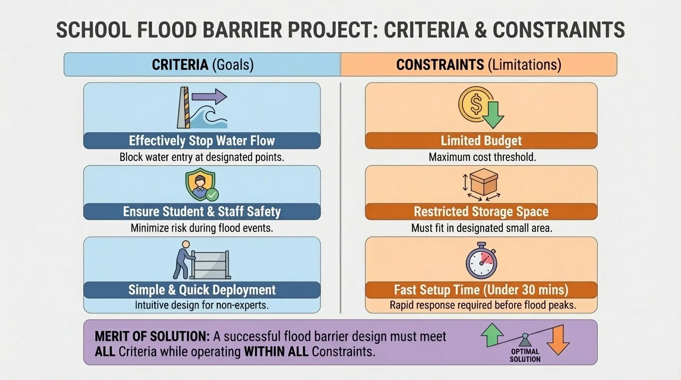 chart comparing criteria and constraints for a school flood barrier project with simple labels such as stop water, safe, easy to use, low cost, small space, quick setup