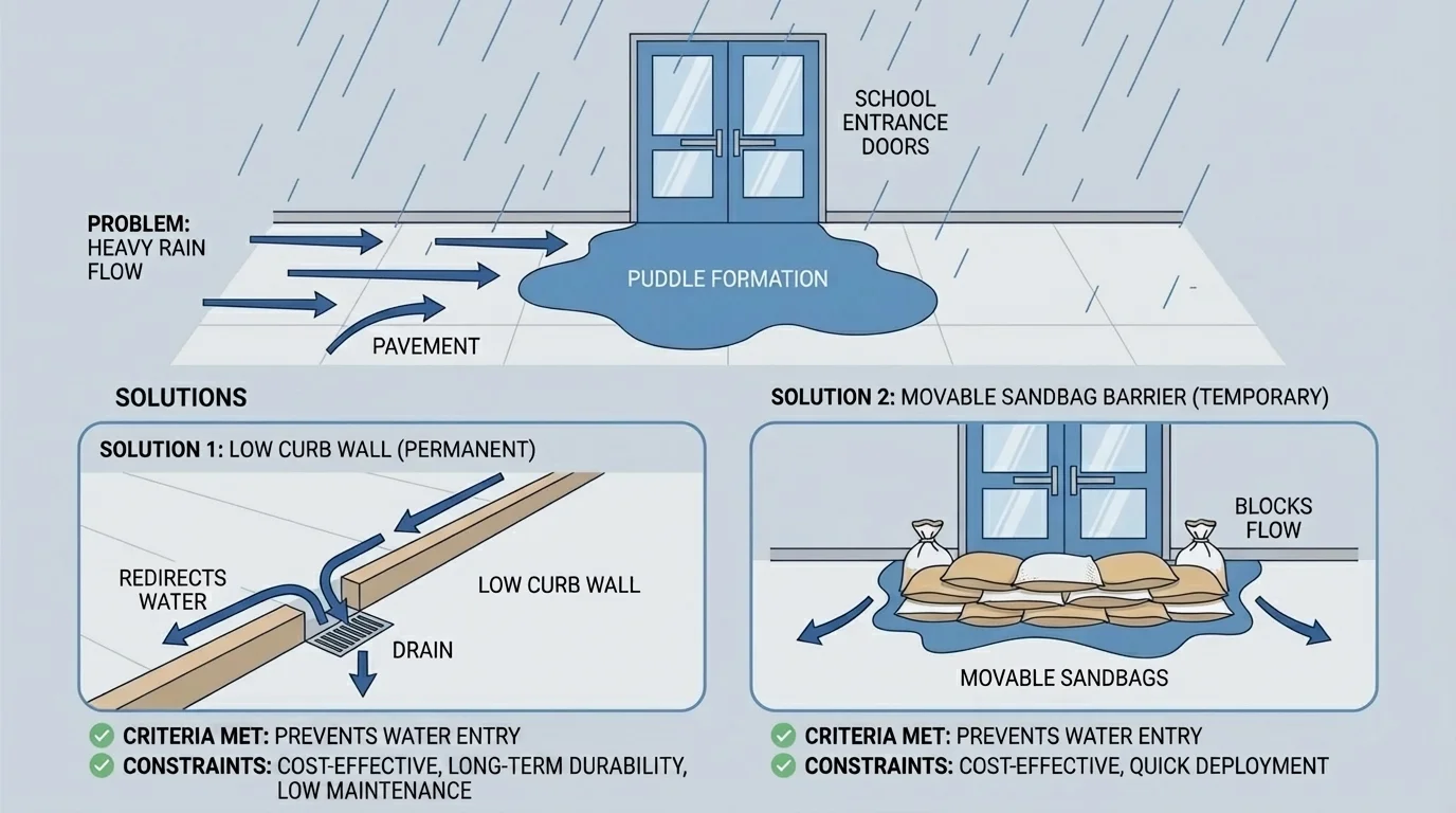 diagram of a school entrance during heavy rain showing water flow toward doors, a low curb wall option, and movable sandbag barrier positions