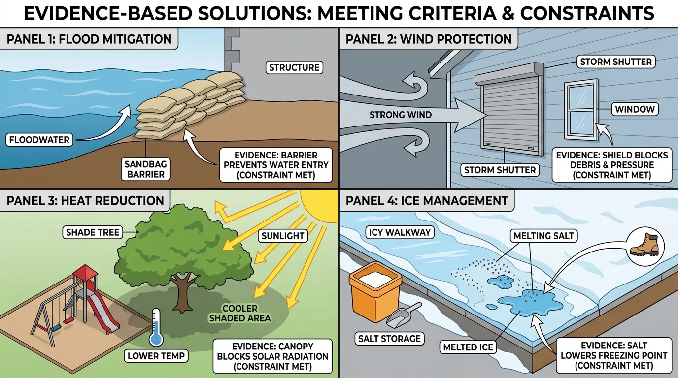 illustration showing a flooded street with sandbags, a house with storm shutters during strong wind, a hot playground with shade trees, and a snowy walkway with salt storage nearby