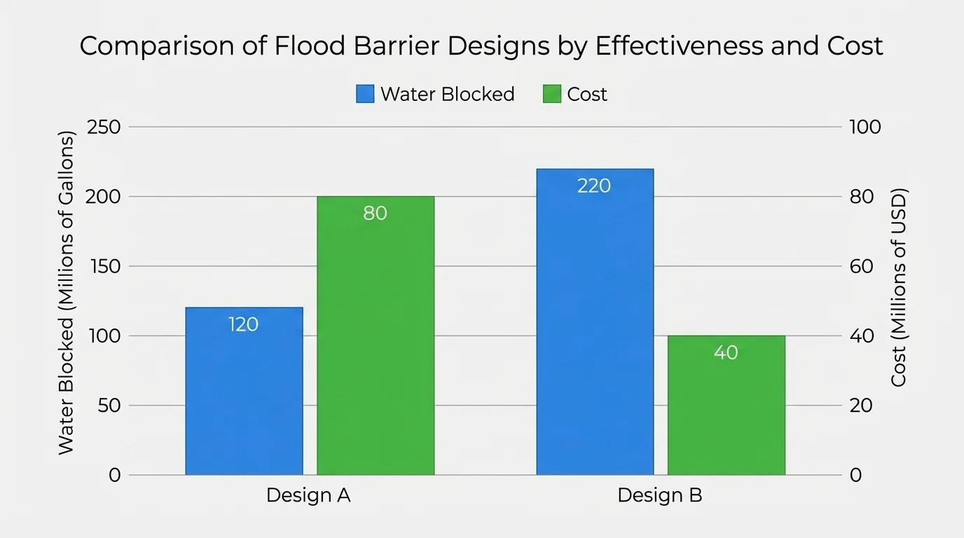 bar chart comparing two flood barrier designs by water blocked and cost, with simple labels Design A and Design B