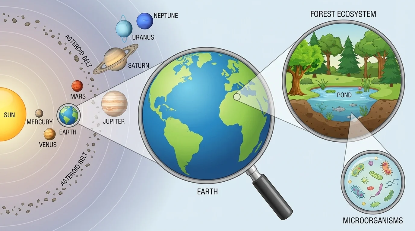 nested systems showing a pond inside a forest, Earth in space, and the solar system with the Sun and planets