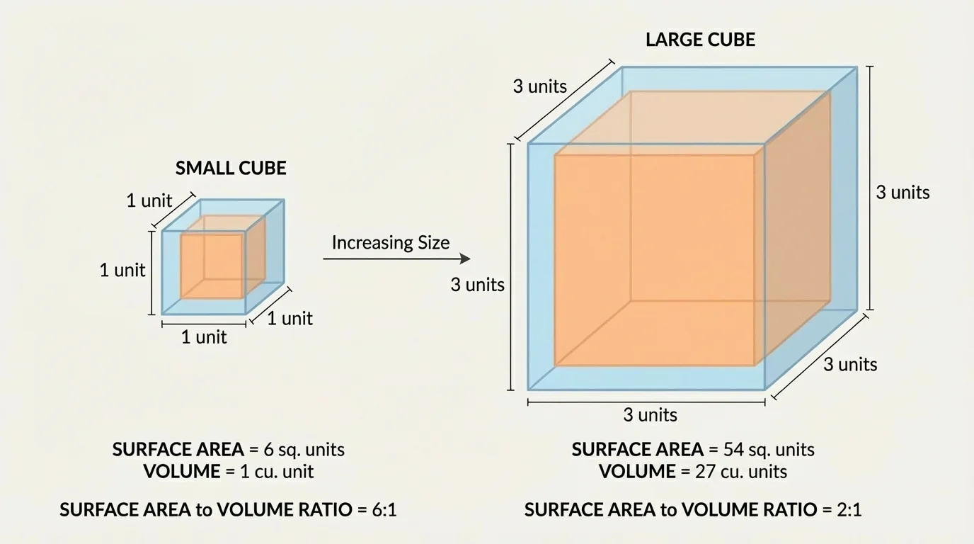 comparison of a small cube and a large cube with highlighted outer surface and inner space to show changing proportions with size