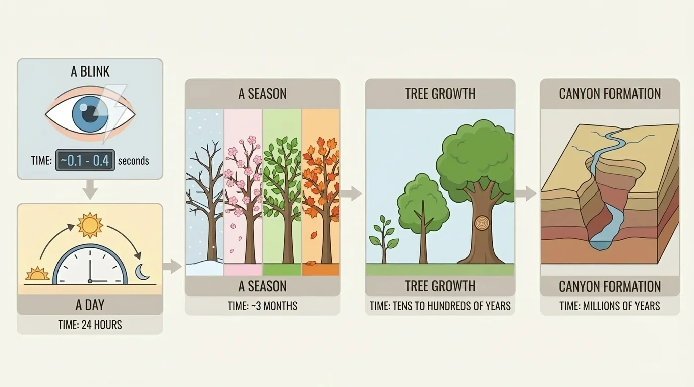 time scale from a blink to a day to a season to years of tree growth to millions of years of canyon formation