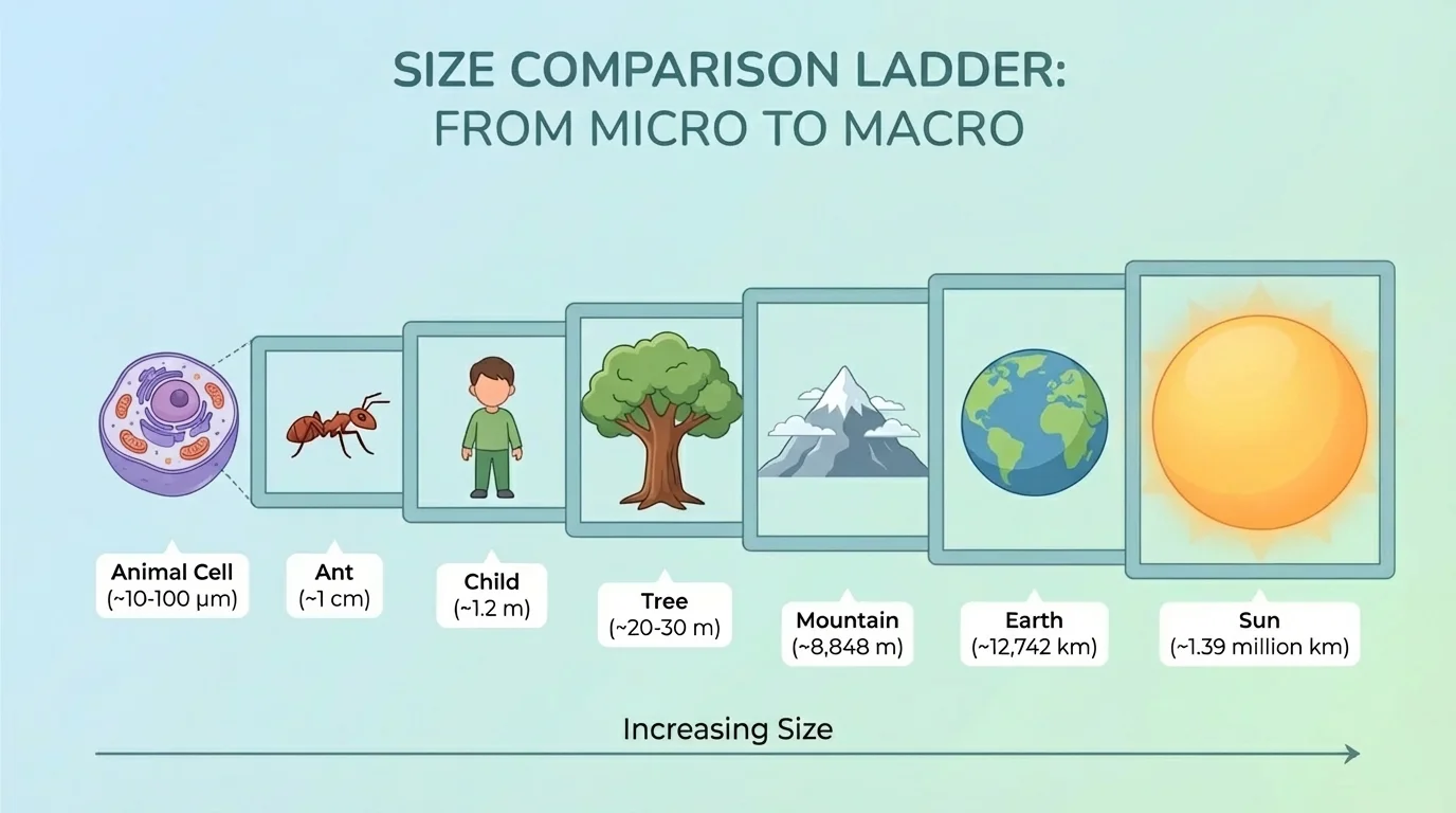 size comparison ladder showing a cell, an ant, a child, a tree, a mountain, Earth, and a star with simple relative scaling
