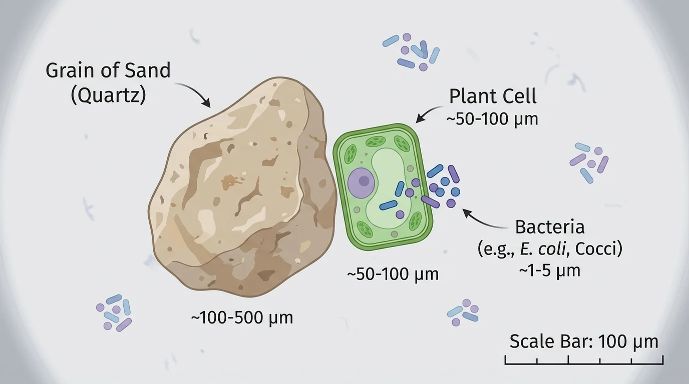 microscope view comparing a grain of sand, a plant cell, and several bacteria with simple labels showing relative sizes