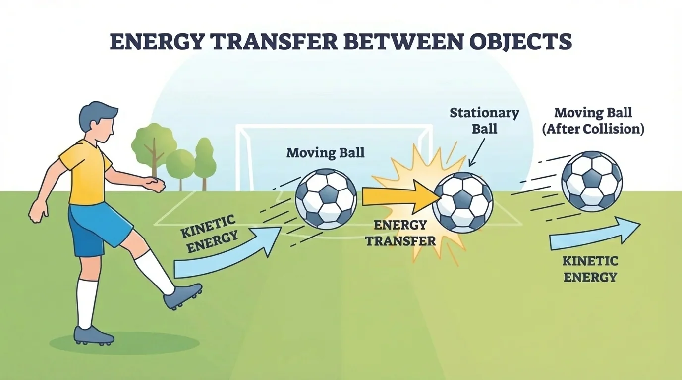 Soccer player kicks one ball into another, showing energy transfer from the moving ball to the still ball