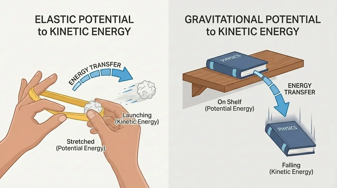 A stretched rubber band launching a paper ball and a book on a shelf falling downward
