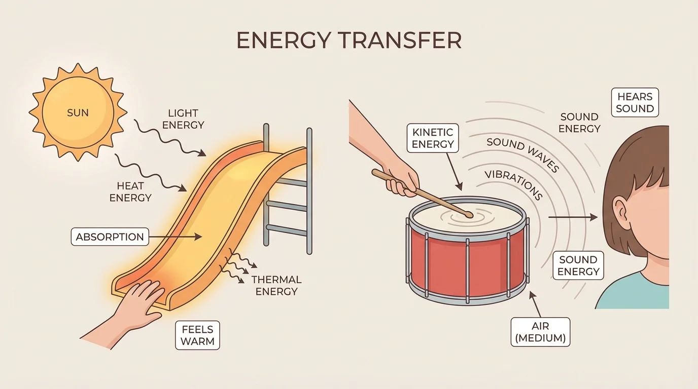Sunlight warming a playground slide and a drum sending vibrations through air to a child's ear