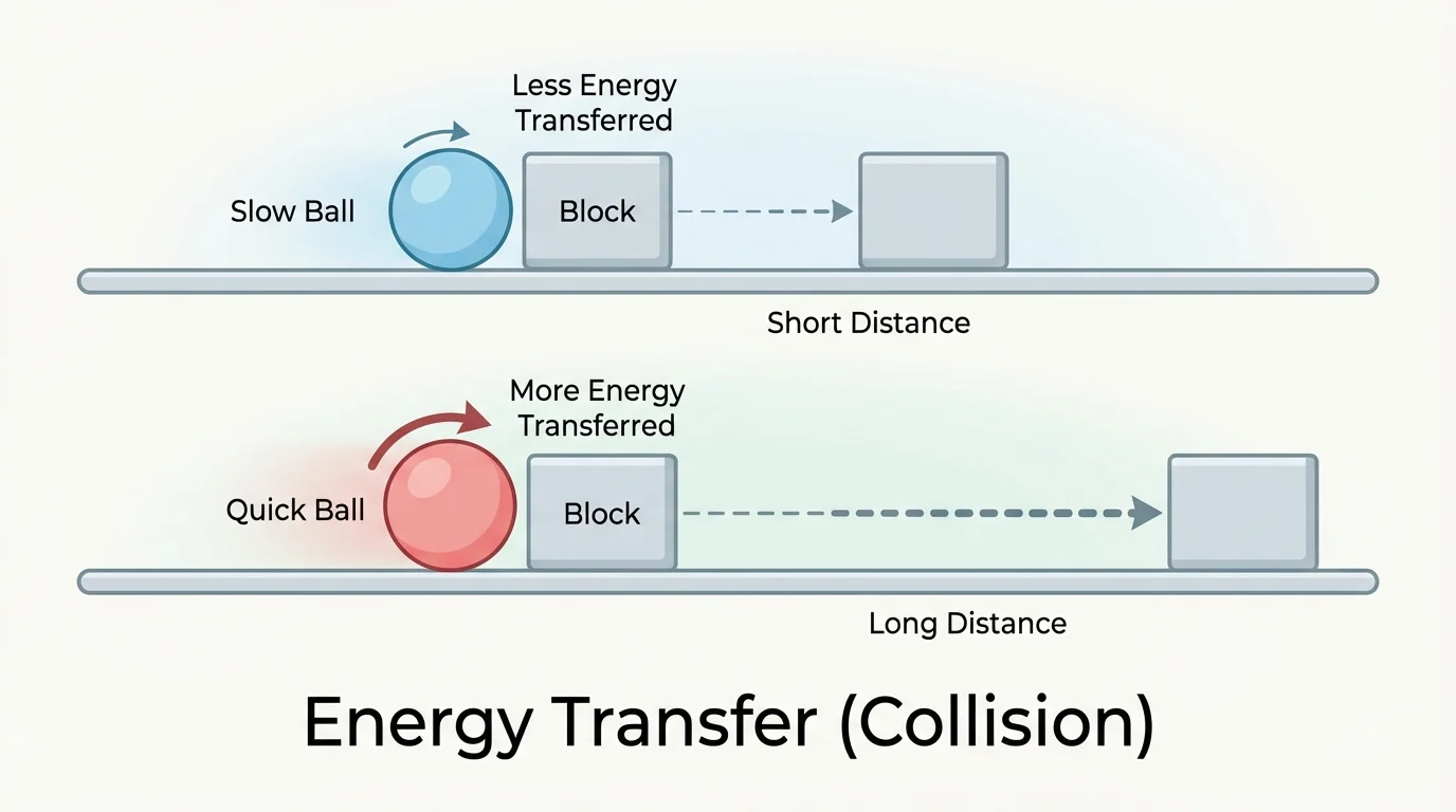 Two balls of the same size, one rolling slowly and one rolling quickly, hitting blocks and moving them different distances