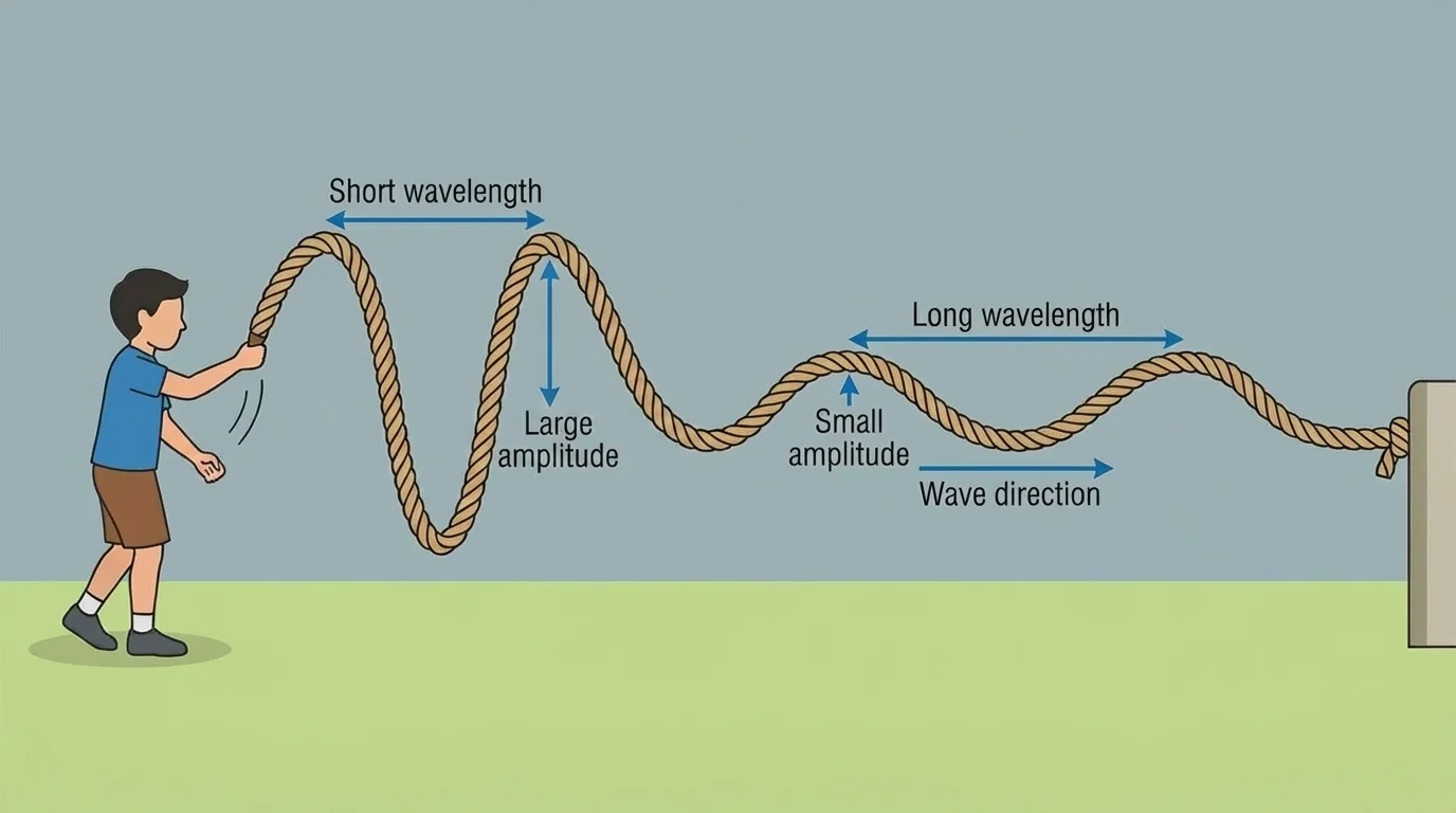 Child creating waves in a jump rope, showing one larger-amplitude wave and one smaller-amplitude wave, with close and far-apart spacing