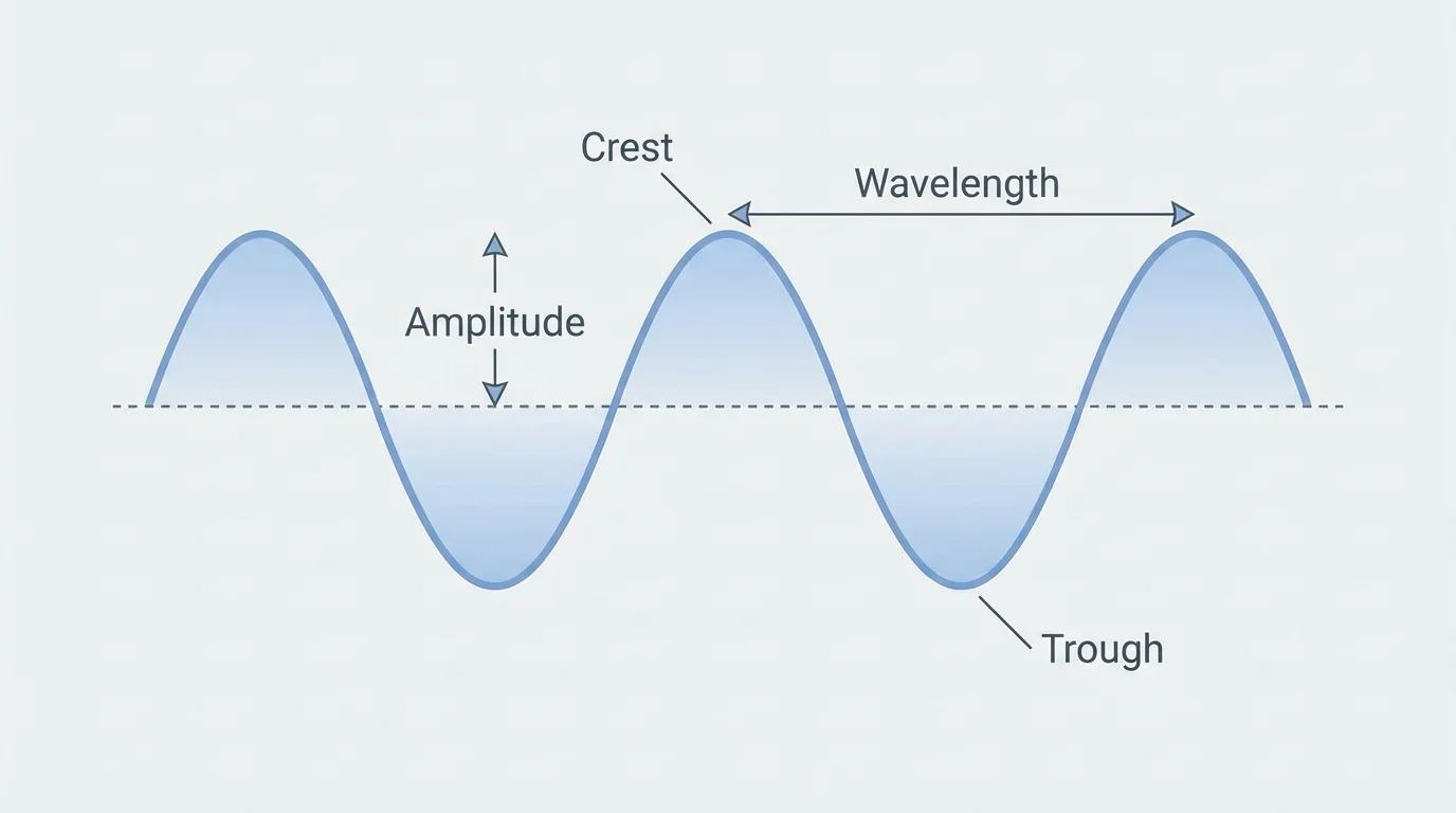 Labeled transverse wave with crest, trough, vertical amplitude arrow, and horizontal wavelength arrow