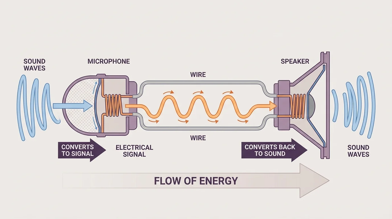 Microphone changing sound to signal, wave signal traveling, and speaker changing signal back to sound