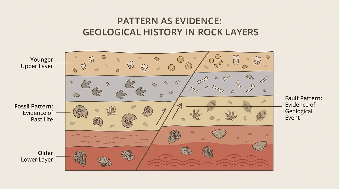 Cross-section of rock layers with lower layers older, upper layers younger, and different colors for each layer