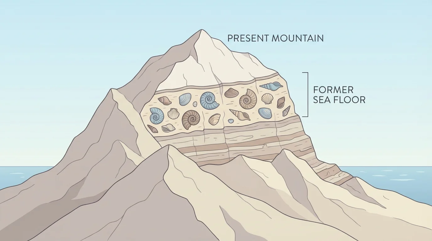 Mountain rock face with shell fossils embedded high above sea level, with labels for former sea floor and present mountain