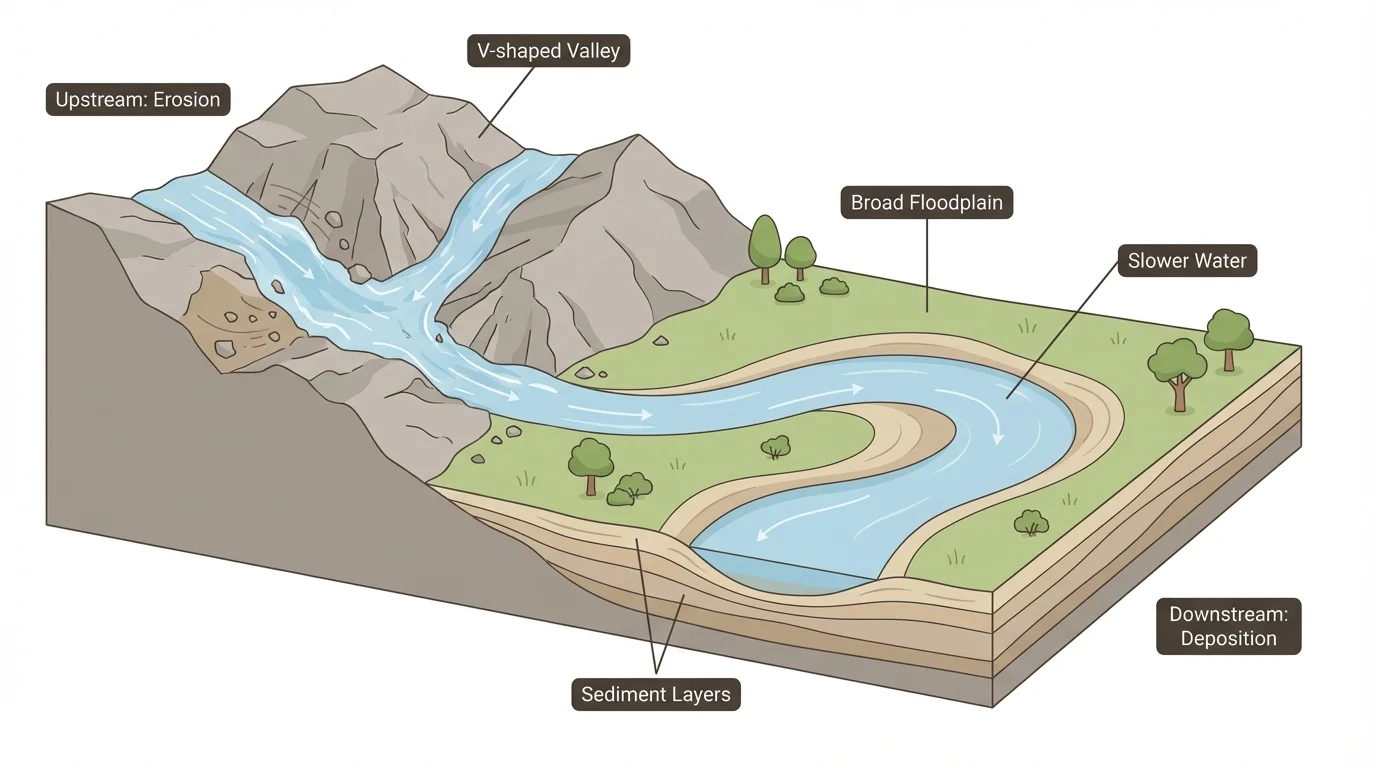 River landscape showing erosion of a valley upstream and deposition of sediment in flatter land downstream