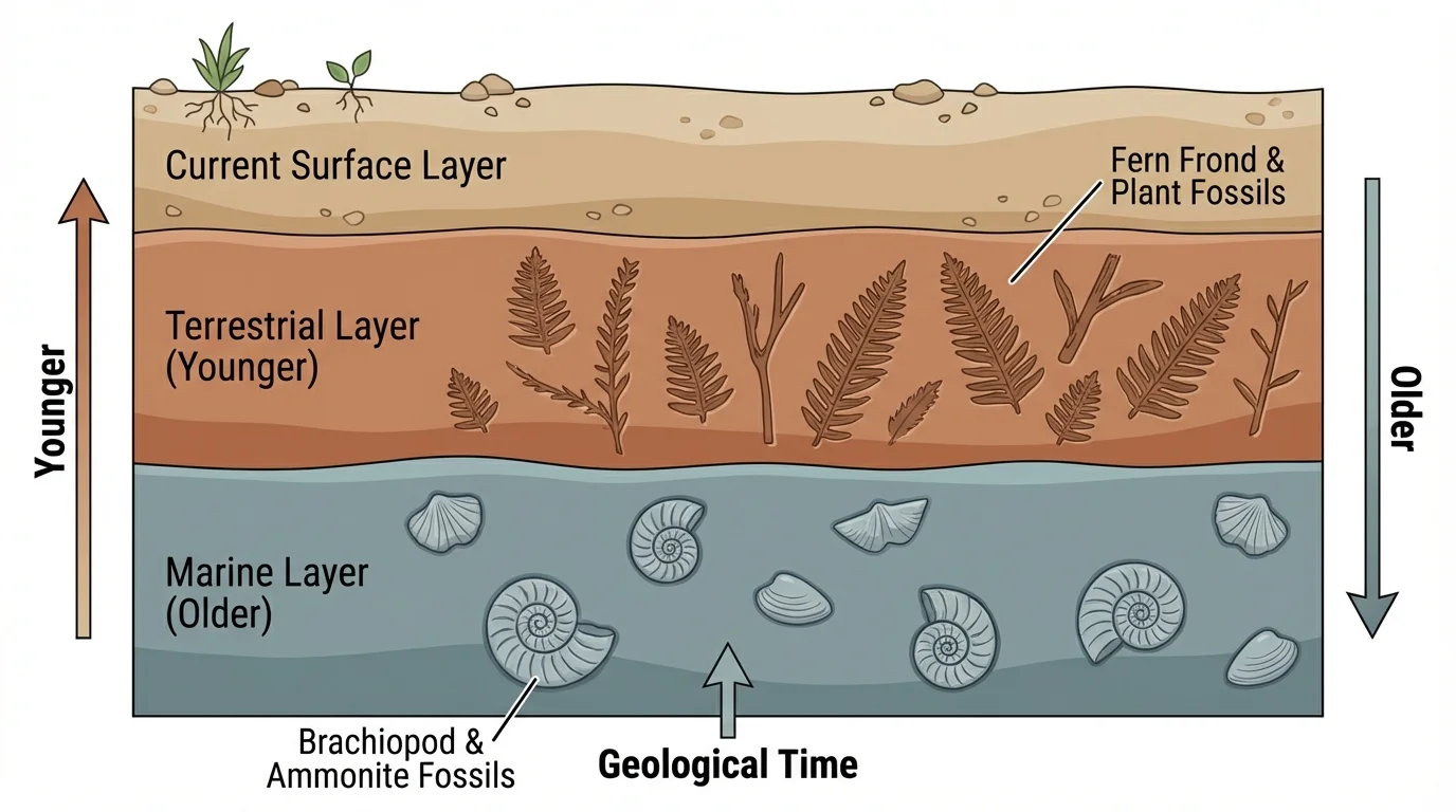 Rock wall cross-section showing fossils in separate layers, including shells in one layer and fern leaf fossils in another