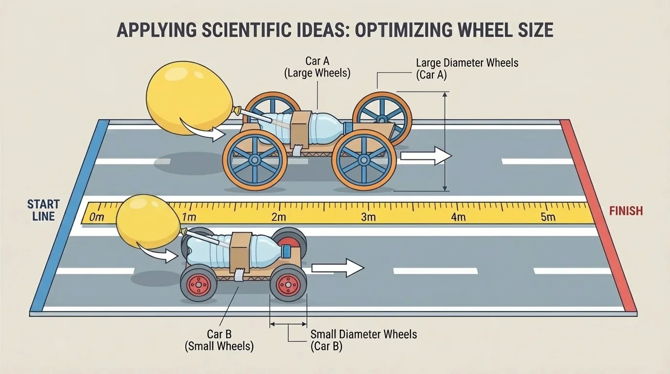Illustration of two balloon-powered cars on a floor track with start line, finish marks, tape measure, and labels for different wheel sizes