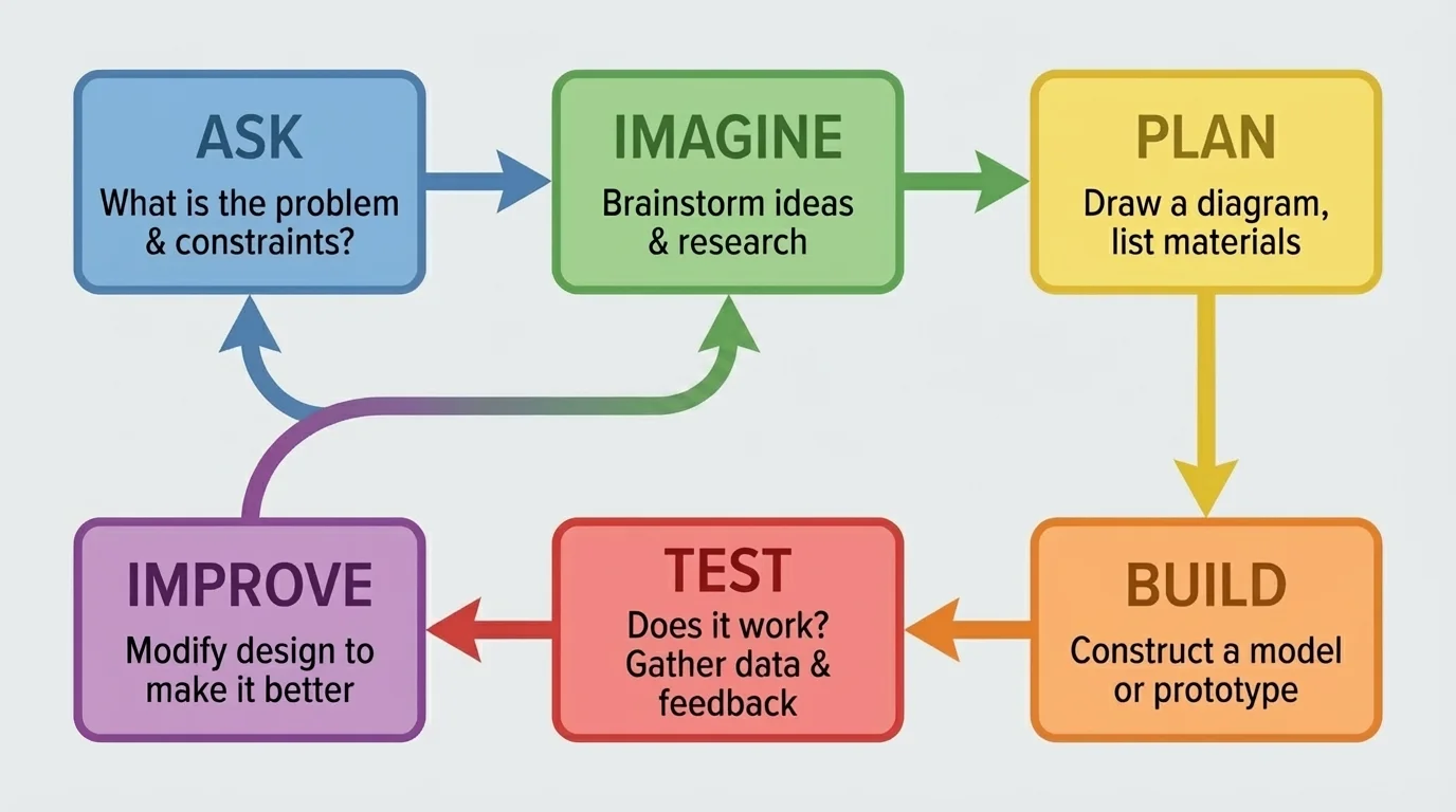Flowchart of design process with boxes for Ask, Imagine, Plan, Build, Test, Improve