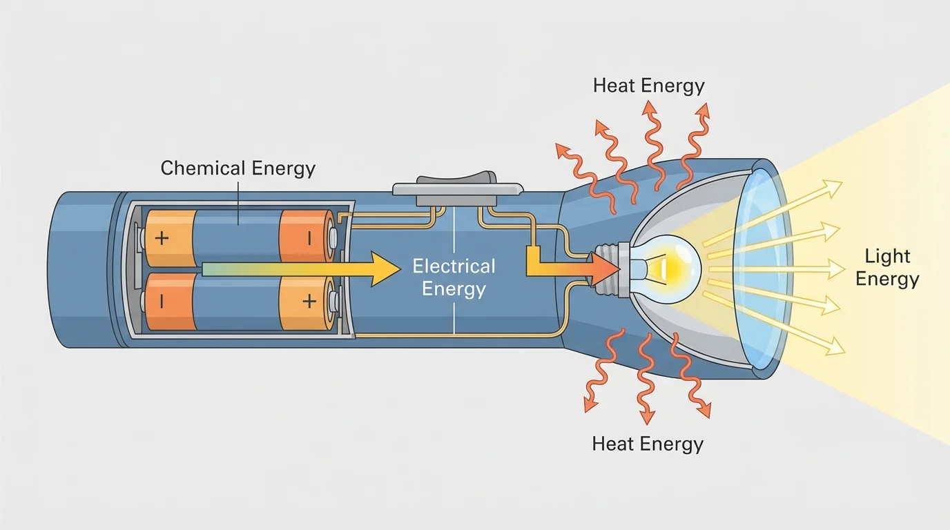 Diagram of a flashlight labeled with chemical energy in battery changing to electrical energy and then light and heat energy