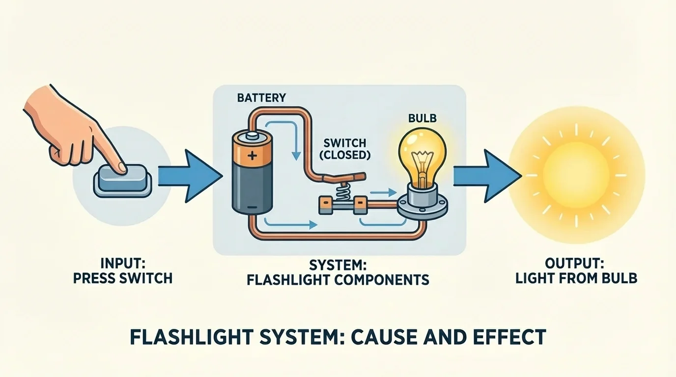 simple flow diagram of a flashlight system showing input press switch, battery and wires working together, and output light from bulb