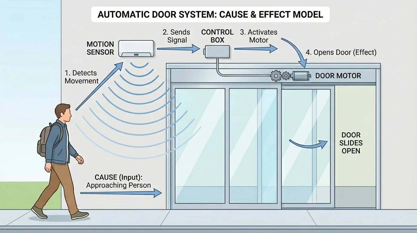person approaching an automatic door, motion sensor above the doorway detecting movement, control box sending signal, door sliding open