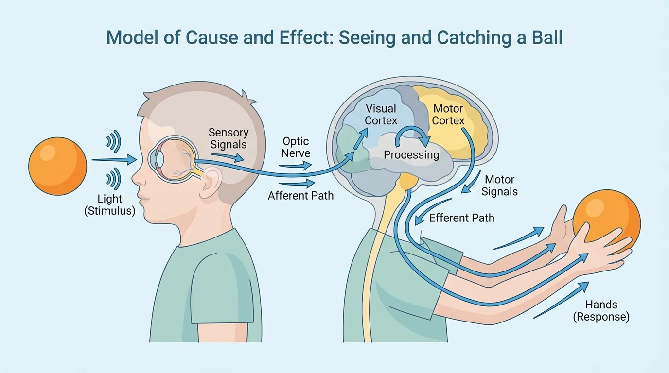 labeled diagram of a child seeing a ball, eyes receiving light, signals going to brain, and brain sending signals to hands to catch the ball
