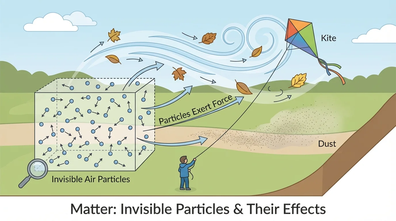 Outdoor scene with wind moving leaves, lifting a kite, and blowing dust to show air pushing on larger objects
