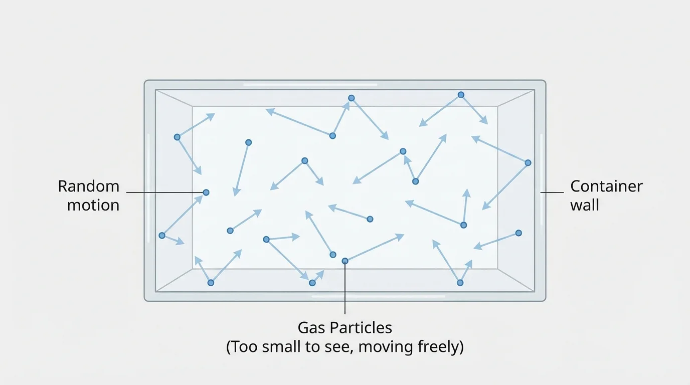 Gas in a container shown as many tiny dots far apart with arrows pointing in different directions