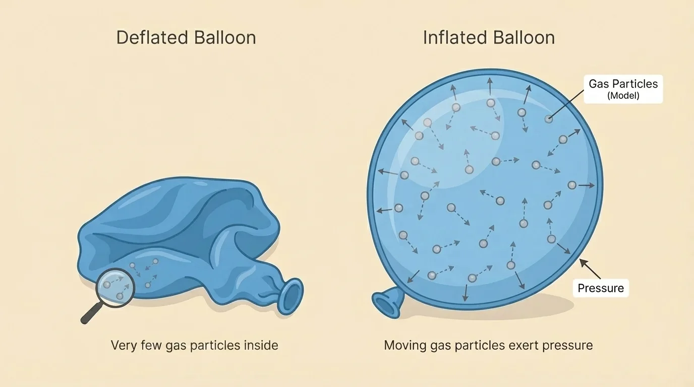 Two balloons side by side—deflated and inflated—with tiny moving particles inside the inflated balloon pushing on the rubber