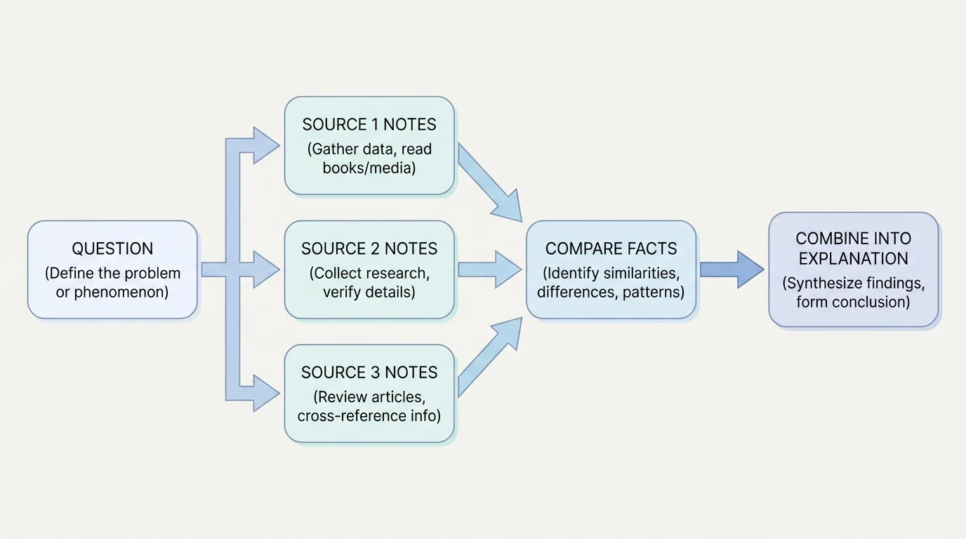 flowchart showing steps question, source 1 notes, source 2 notes, source 3 notes, compare facts, combine into explanation