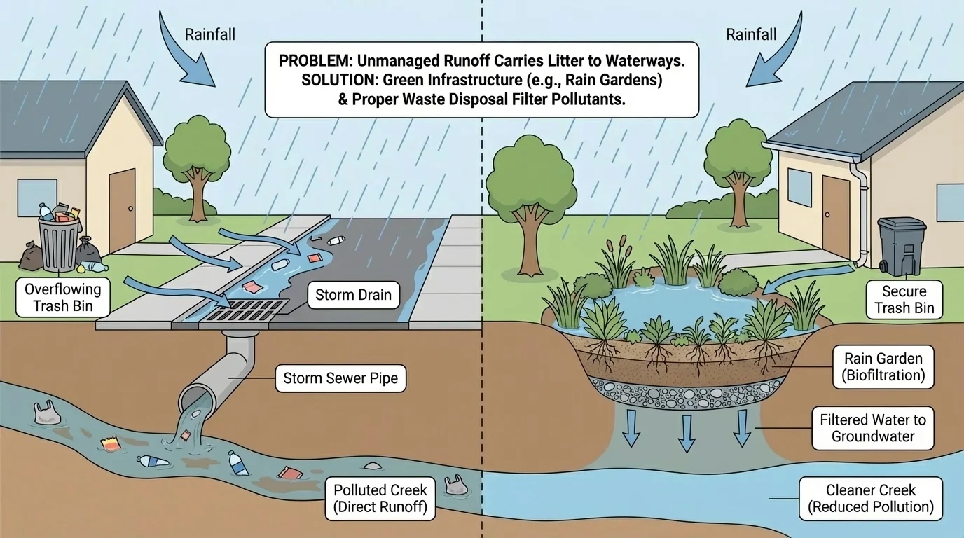 illustration of a neighborhood with storm drain, creek, trees, trash bin, rain garden, and labels showing how litter travels and how solutions help