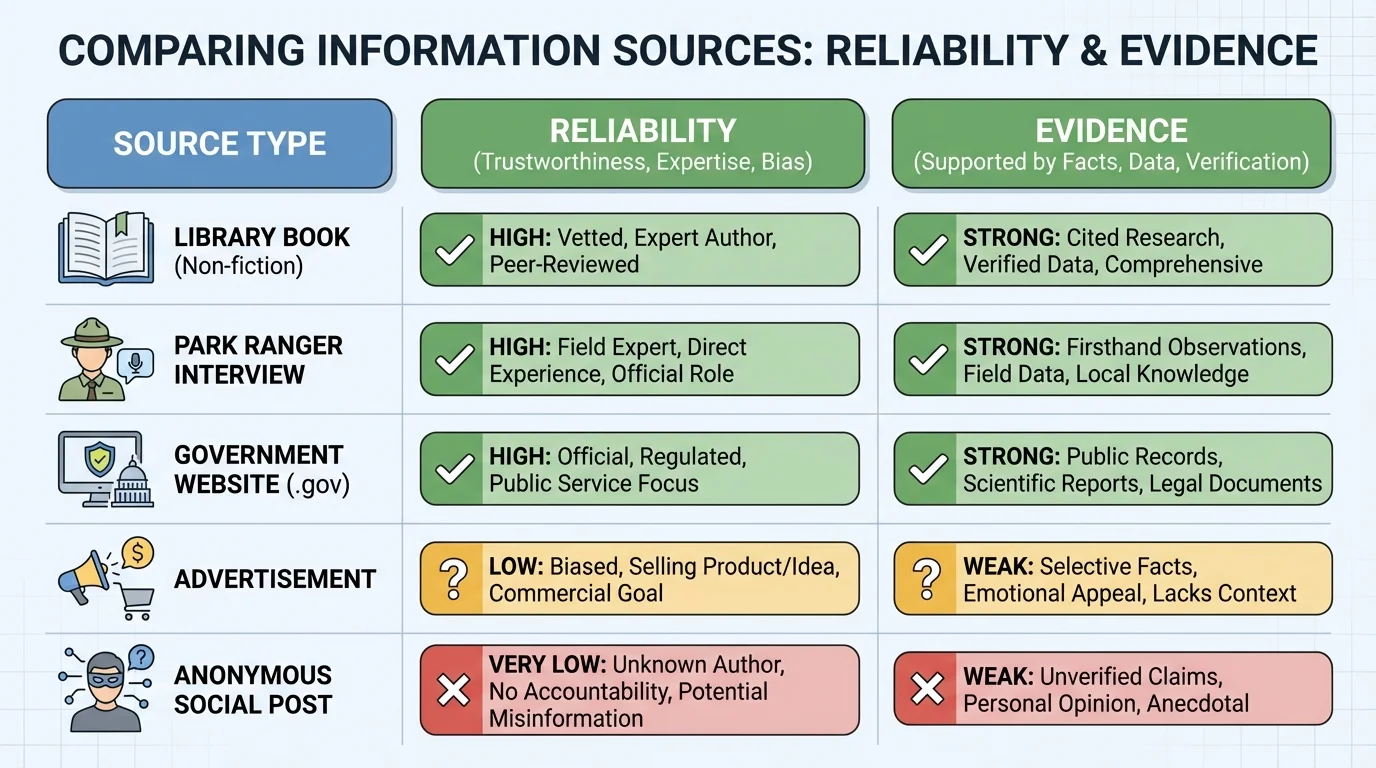 chart comparing source types such as library book, park ranger interview, government website, advertisement, and anonymous social post by reliability and evidence