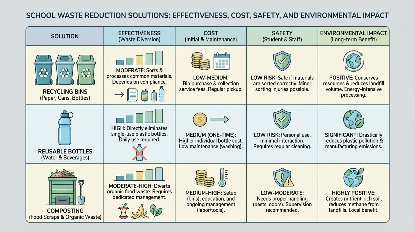 chart comparing three solutions for school waste reduction such as recycling bins, reusable bottles, and composting by effectiveness, cost, safety, and environmental impact