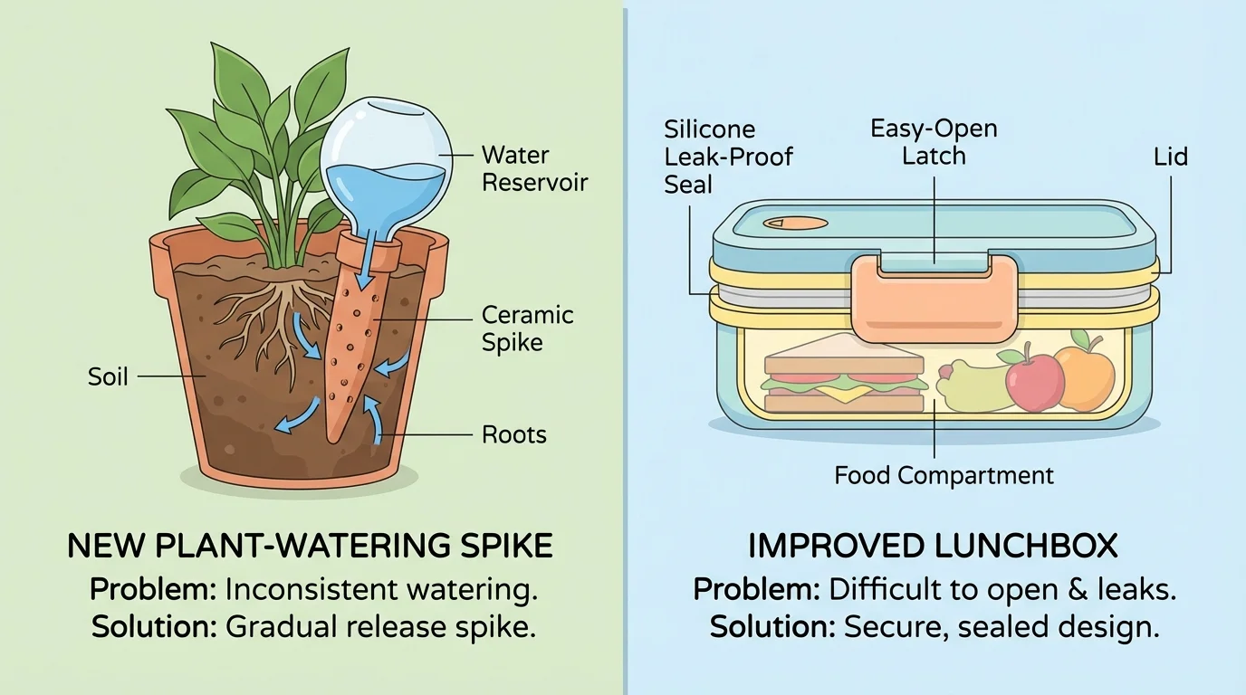 split illustration with a new plant-watering spike on one side and an improved lunchbox with easy-open lid and leak-proof seal on the other side