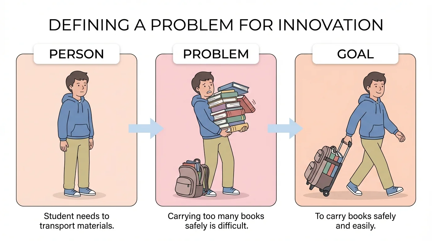 three-part diagram labeled person, problem, and goal with example of a student carrying too many books safely
