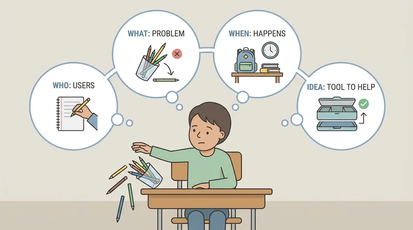 child noticing pencils spilling off a desk, with thought bubbles about who uses it, what goes wrong, when it happens, and what kind of tool might help