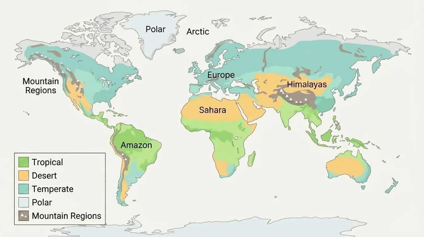 simple world map shaded for tropical, desert, temperate, polar, and mountain regions with example labels such as Amazon, Sahara, Europe, Arctic, Himalayas