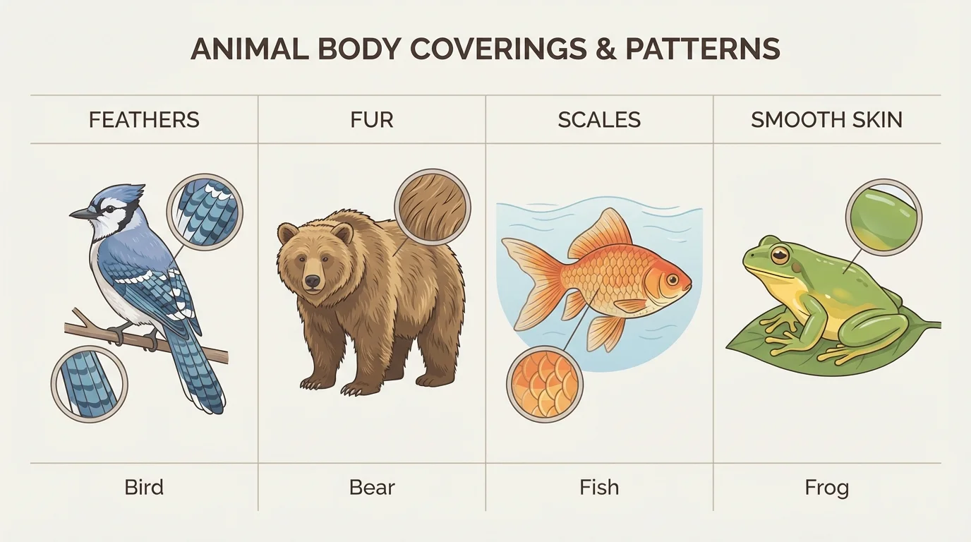 chart grouping animals by body covering with simple pictures and labels such as feathers-bird, fur-bear, scales-fish, smooth skin-frog