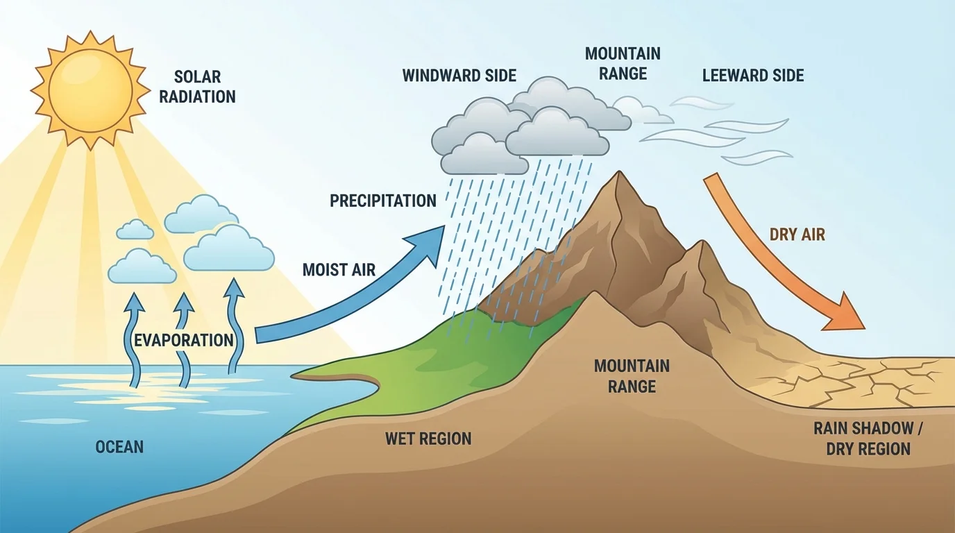 diagram showing sun rays warming land and ocean, winds moving moist air from ocean to a mountain, rain on one side, and a dry region on the other side