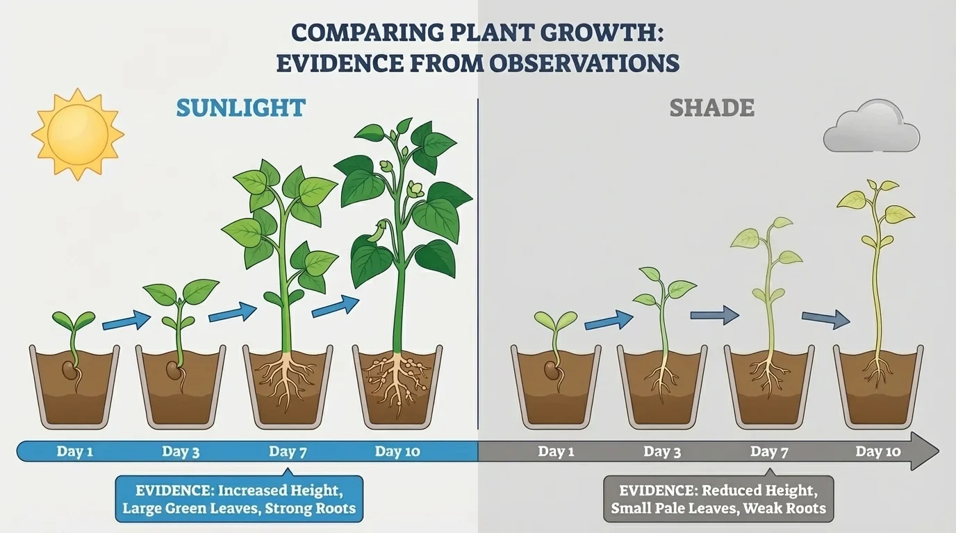 comparison chart of two bean plants over several days, one in sunlight growing taller and greener, one in shade staying shorter and paler