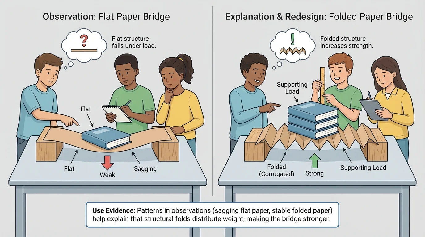 side-by-side classroom scene with students examining a sagging flat paper bridge and a redesigned folded paper bridge holding more books, with simple labels like flat, folded, strong, weak