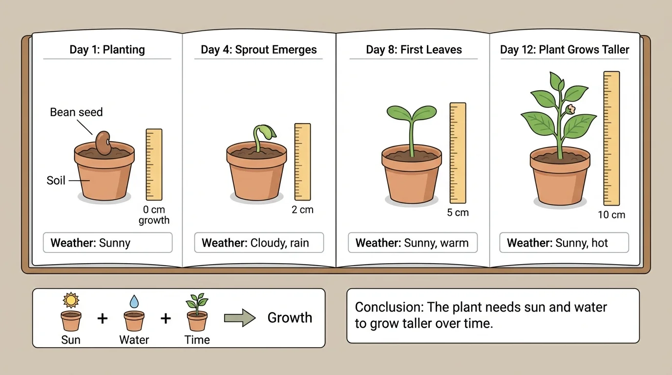 child science notebook with plant observations over several days, ruler measurements, simple labeled drawings of a plant, and short weather notes
