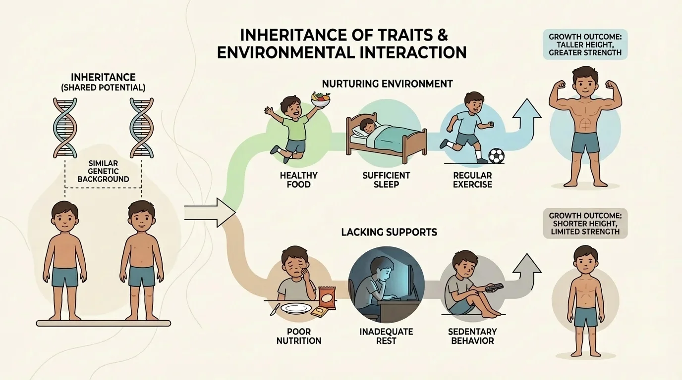Two children with similar family background, one with healthy food, sleep, and exercise and one lacking these supports, showing different growth outcomes such as height and strength