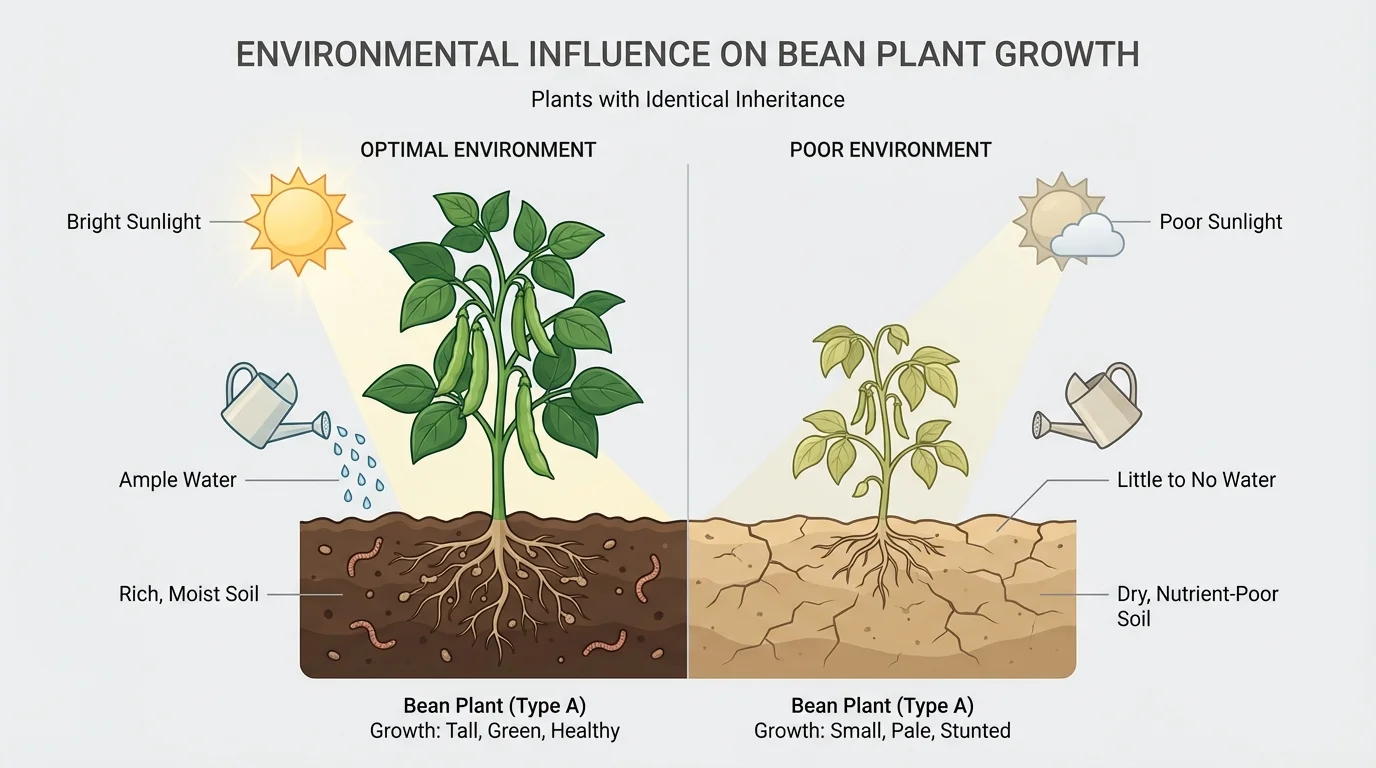 Two bean plants of the same type, one in bright sunlight with water and rich soil growing tall and green, the other in poor light with little water growing smaller and pale