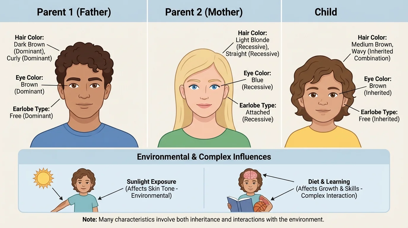Family comparison chart showing two parents and one child with visible traits such as hair color, eye color, and attached or free earlobes