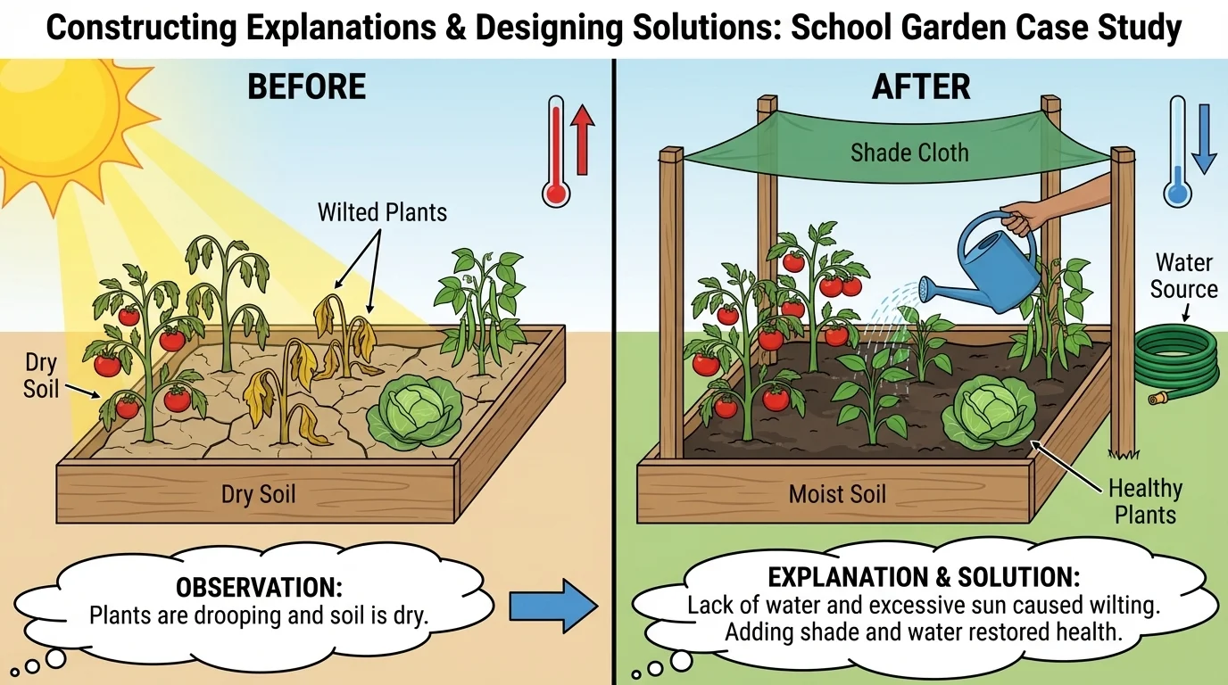 school garden with wilted plants before and healthier plants after adding shade and water